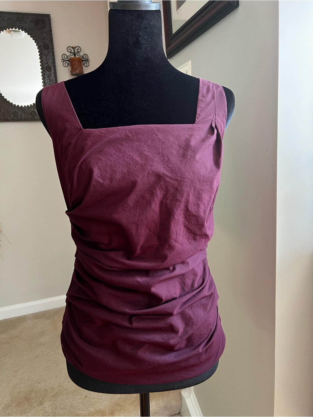 Ann Taylor Square-Neck Ruched Tank Top Exposed Back Zip Plum 4P